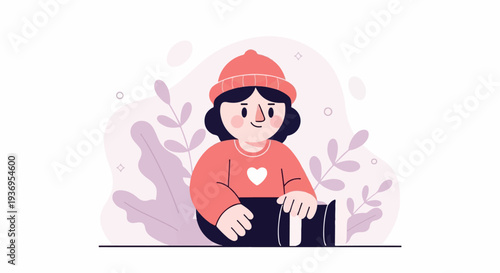 Cartoon character with pink beanie and sweater sits amidst abstract purple foliage