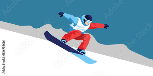 Flat illustration of a snowboarder in a dynamic pose on a snowy slope with mountains in the background, conveying a sense of action and adventure.