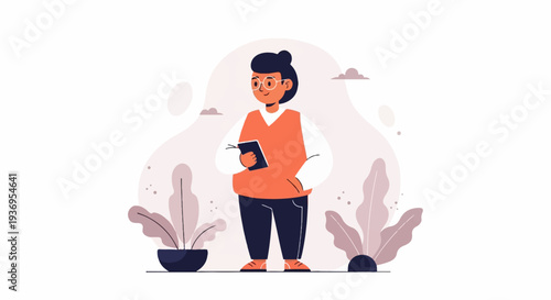 A stylized figure in an orange vest and glasses holds a book, surrounded by plants