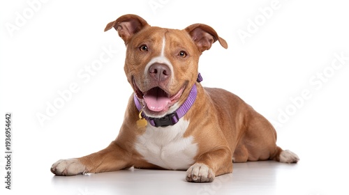 Happy brown pit bull terrier dog wearing a purple collar lying down isolated on white background, studio shot of a friendly rescue dog looking at camera, pet adoption concept.