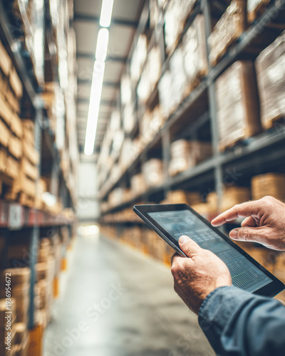 A person uses a tablet to manage inventory in a large warehouse filled with organized shelves and boxes.