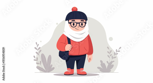 A person in winter attire with glasses and a backpack, standing among stylized plants