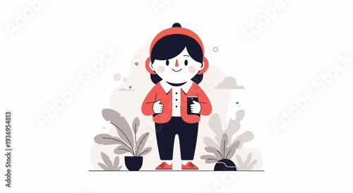A minimalist, cute cartoon character in a red jacket and black pants, holding a phone, surrounded by plants