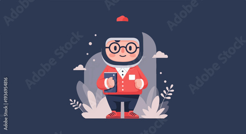 A stylized, smiling character with glasses and a red jacket holds a book, set against a dark blue background