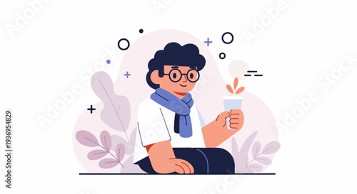 A person in a scarf and glasses holds a cup with a splash of liquid