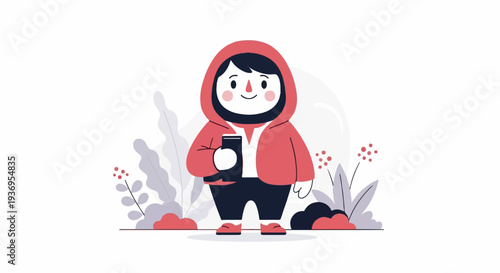 Cheerful character in red hoodie holds book amidst stylized plants