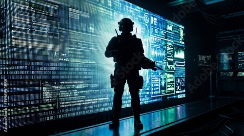 Cybersecurity soldier silhouette standing in front of digital screen