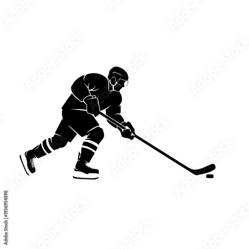 Ice hockey player in action silhouette - Minimalist athlete skating with hockey stick and puck.