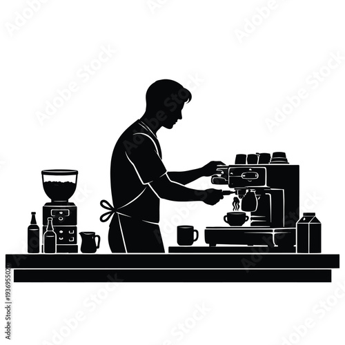 Silhouette barista making coffee with espresso machine and coffee grinder behind counter