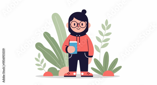 Cheerful person with glasses and coffee cup, surrounded by lush green foliage