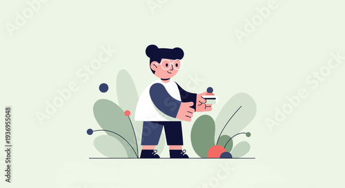 A person holds a credit card amidst abstract plant shapes and dots