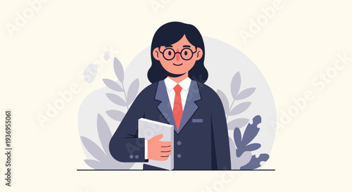 Professional woman in a suit and tie, holding a book, with abstract plants in background