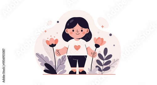 A cheerful child with dark hair stands amidst blooming flowers and foliage