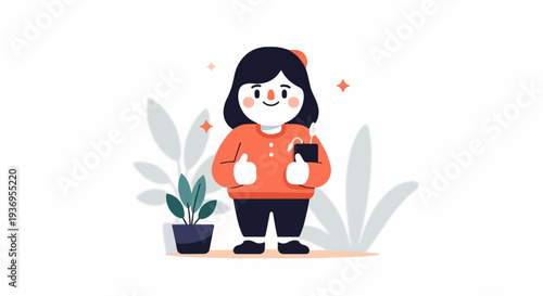 A person with short black hair, an orange shirt, and dark pants gives a thumbs up while holding a phone