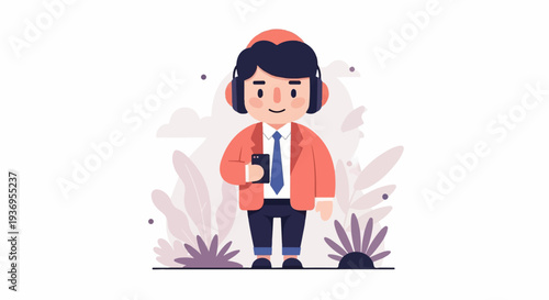 Cheerful person with headphones and phone in a stylized nature setting