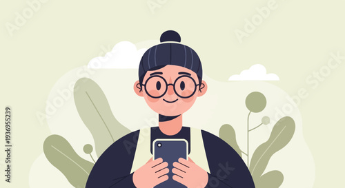 A smiling person with glasses and a bun hairstyle holds a phone