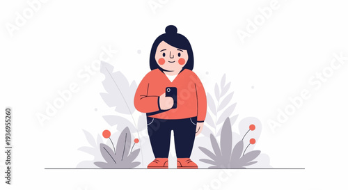 Person with phone, surrounded by stylized plants and soft lighting