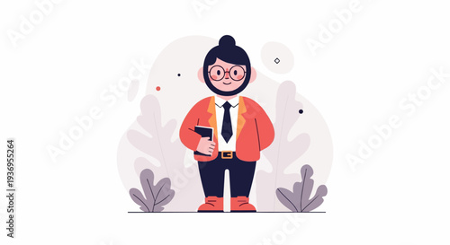 A stylized man in a suit and tie, holding a book, stands amidst abstract foliage