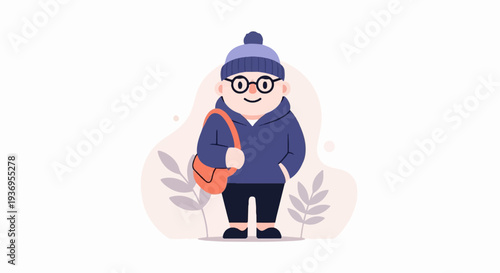 A cartoon character wearing a blue hoodie, beanie, glasses, and carrying an orange bag