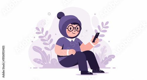 Person wearing a hat and glasses holding a smartphone amidst stylized foliage