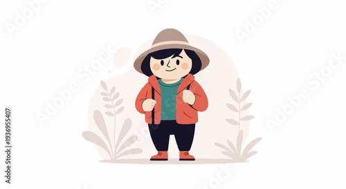 Cartoon child wearing a wide-brimmed hat, jacket, and backpack