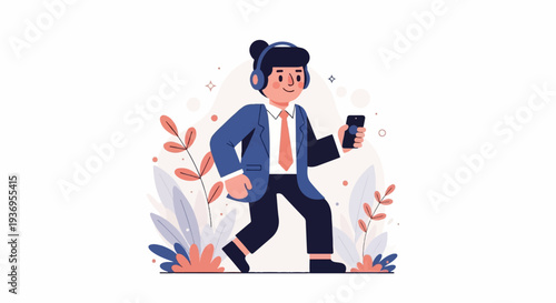 Person in suit and headphones walking and holding a phone, surrounded by abstract plants