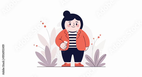 A cheerful, roly-poly person with dark hair in a bun stands in nature