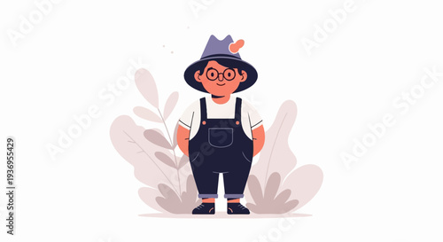 Stylized cartoon person in overalls and hat