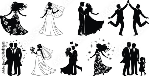 Set of wedding silhouettes featuring brides, grooms, romantic couples, family with child, and grooms celebrating for marriage invitations and romantic designs.