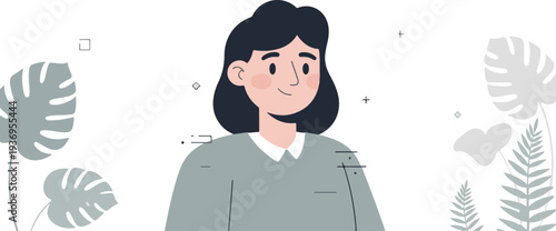 A minimalist illustration of a person with dark hair, wearing a grey sweater, surrounded by abstract foliage and geometric shapes