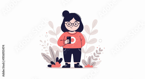 A stylized illustration of a person holding a smartphone amidst abstract botanical elements