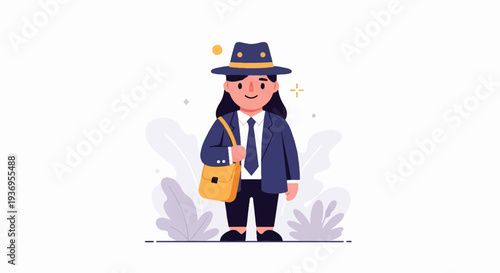A person in a suit, hat, and satchel stands amid stylized plants