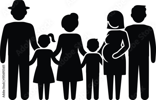 Diverse family group icon featuring parents children and a pregnant woman symbolizing generational growth and relationship planning icons