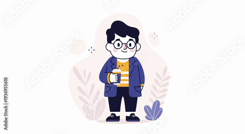 Cheerful cartoon person with glasses holding a beverage, dressed in a striped shirt and blue jacket