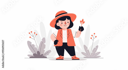 Cheerful person in hat holding a flower amidst nature