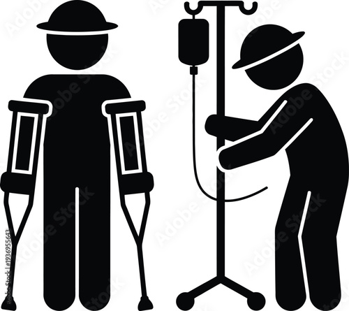Icon set depicting patients with different mobility aids including crutches for walking and an intravenous drip stand for medical treatment recovery