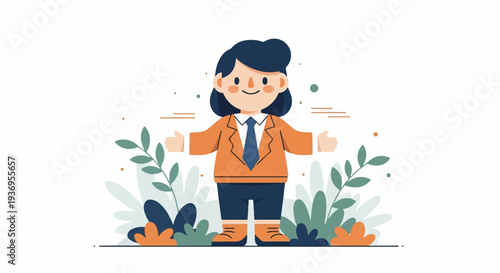 Cheerful person in suit offers a warm welcome amidst lush green foliage