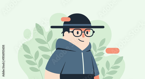 A stylized, smiling person with glasses and a hat, wearing a blue hoodie, surrounded by minimalist foliage