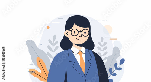 A stylized woman with glasses and a blue suit, surrounded by abstract plant motifs