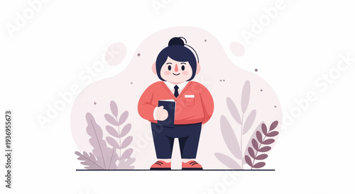 A stylized, friendly person in a red sweater and dark pants holds a book