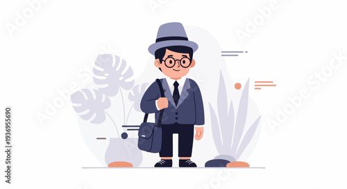 A stylized person in a suit and hat stands with a satchel, surrounded by plants and abstract elements