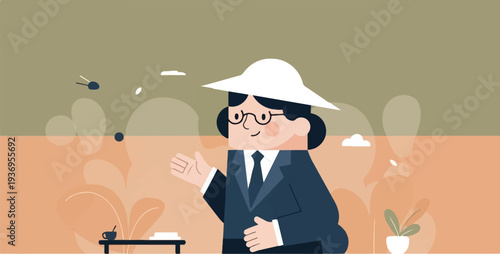 Cartoon person in suit and hat, gesturing with hand, against soft backdrop