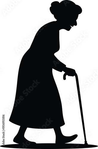 Black silhouette of an elderly woman using a walking stick to aid her movement, depicting themes of aging, support, and the challenges of mobility in later life, isolated on a white background for cle