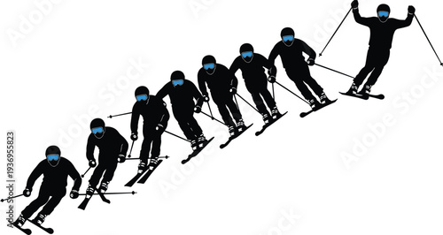 Skiing athlete silhouettes set, winter sport downhill mountain skiers, professional skiing poses, alpine skiing action figures, blue goggle winter icons.