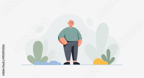 A bald, smiling person stands with one hand in their pocket, amidst abstract shapes and plant-like elements