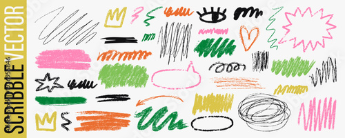 Sketchy doodle elements set in hand drawn style. Expressive lines, messy marks and symbols for graphic design, branding and digital projects.