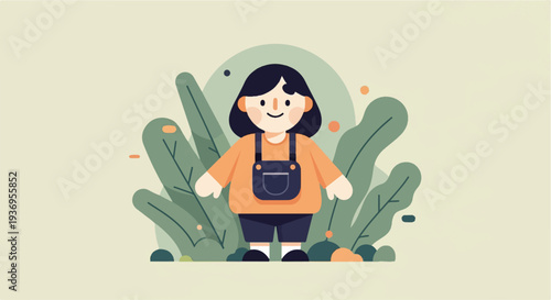 A cheerful child in overalls stands amidst lush, stylized green foliage