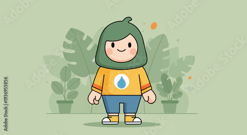 Cute cartoon character with green headwear and orange shirt with water drop logo, amidst lush plants