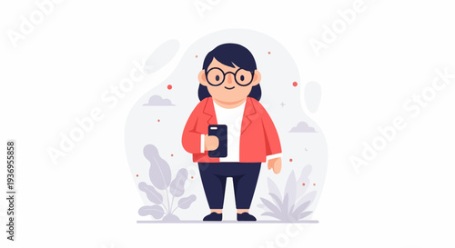 Cheerful person in a red jacket holding a phone, with plants