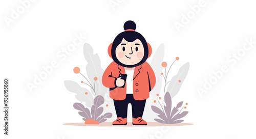 A person with headphones and a phone stands amidst stylized plants